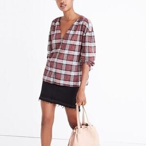 Madewell Morningview Tie-Sleeve Shirt in Burgundy Plaid